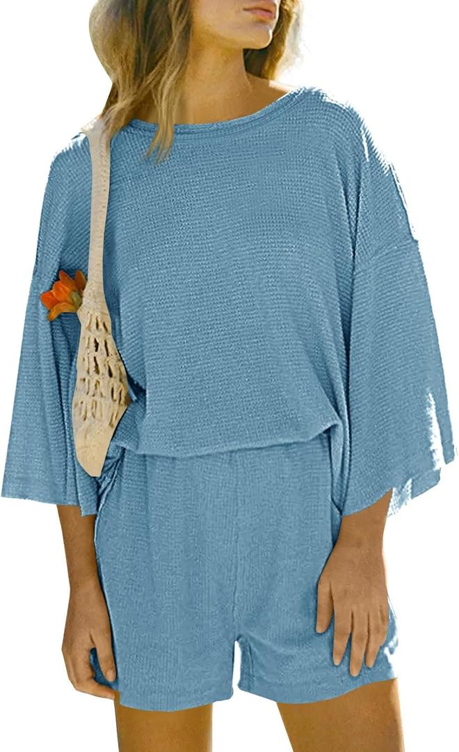 Tankaneo Womens Short Sets 2 Piece Outfits 3/4 Sleeve Tops and Elastic Waist Shorts Lounge Set Casual Loungewear (Large, Blue)