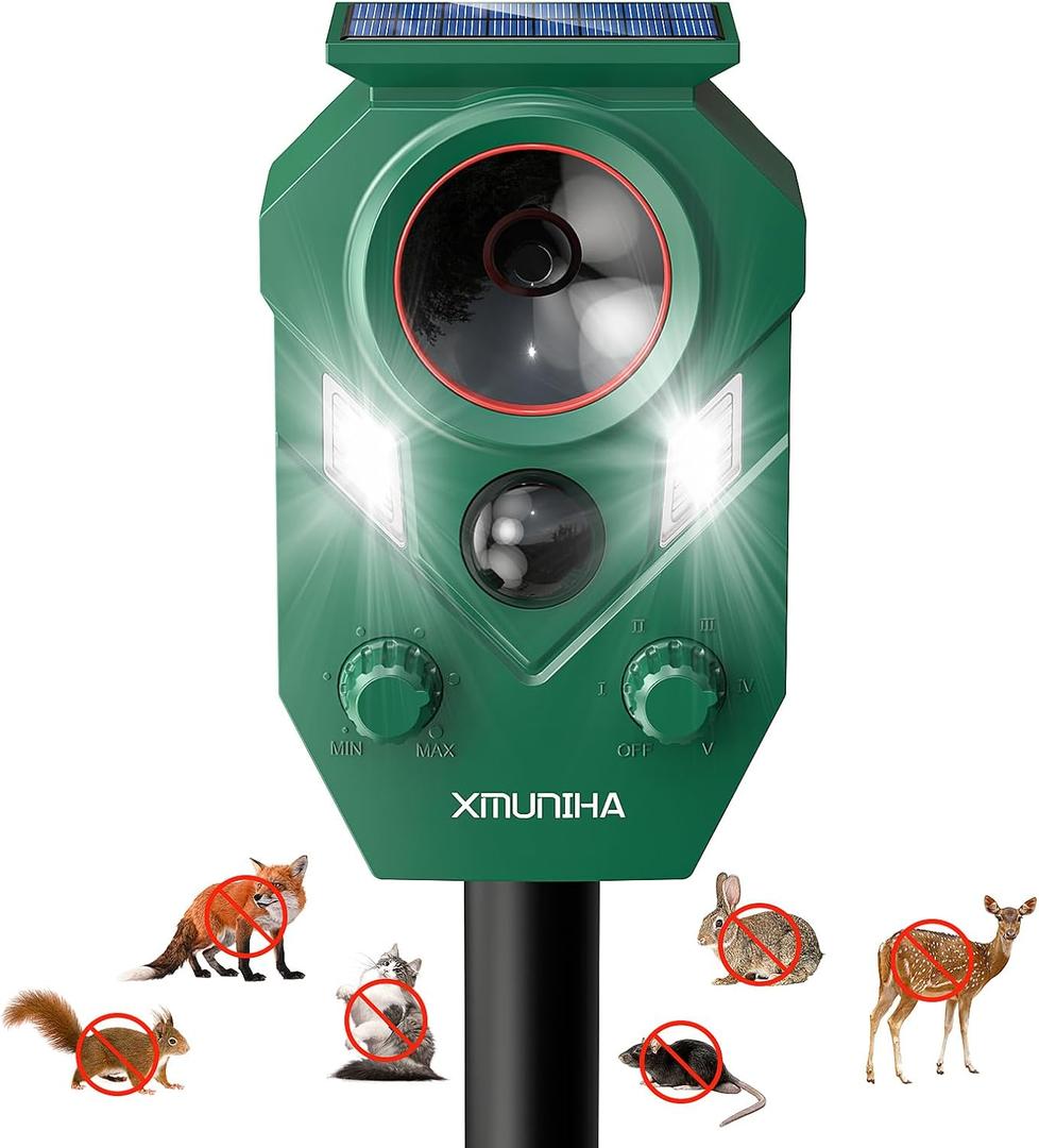 Solar Ultrasonic Animal Repellent Outdoor, Deer Repellent for Yard with RIP Sensor, IP65 Waterproof Squirrels Repeller, Effective Deterrent Cat, Raccoons, Skunks, Rabbits (1 Pack, Green)