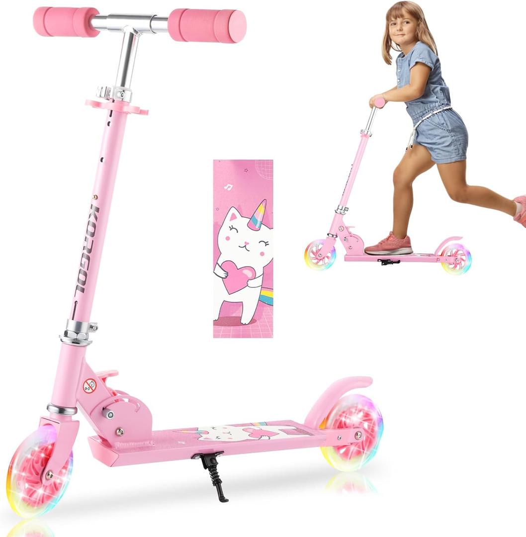 Scooter for Kids Ages 3-12 - Kids Kick Scooters with Led Light Up Wheels & 3 Levels Adjustable Handlebar, Lightweight Foldable 2 Wheel Girly Pink Scooter, Christmas Birthday Gifts for Girls Boys.