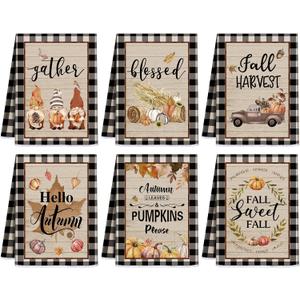 Ganeen 6 Pcs Thanksgiving Kitchen Towels Set Fall Autumn Pumpkin Buffalo Plaid Hand Truck Gnome Dishtowels 14.2 x 21.3 Inch Harvest Drying Cloth Decorative Tea Towels for Cooking Baking Home (Stylish)