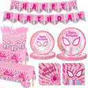 171pcs Super Girl Hero Birthday Party Supplies Spider Pink Ghost Gwen Birthday Plates Napkins Cups Paper Disposable Banner Tablecloth Tableware Decorations Severs 24 Guests