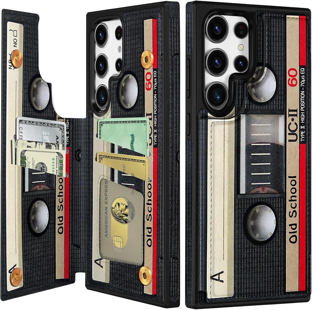 Shorogyt for Samsung Galaxy S22 Ultra Wallet Case with Card Holder - Designer Cassette Tape Pattern Kickstand Magnetic Clasp Back Flip Folio Leather Phone Cases for S22 Ultra for Women Men Girls