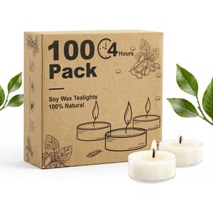 Unscented Soy Tea Lights Candles 100 Pack Bulk, 4 Hours Long Burning White Tea Lights,Non-Paraffin, Smokeless, Mini Tealight Votive Candles for Wedding, Table Centerpiece, Christmas Lights