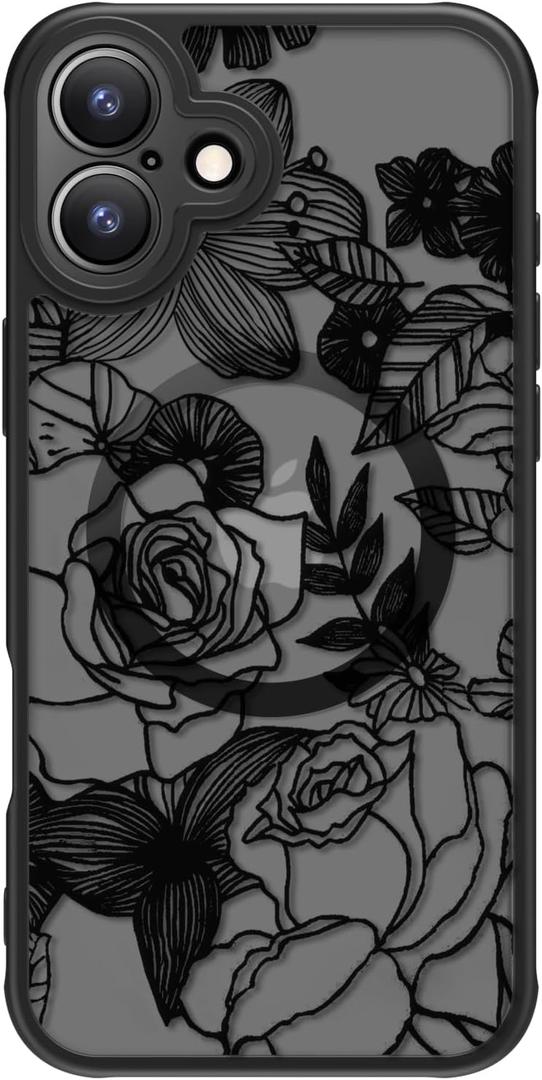 FUNMIKO for iPhone 16 Plus Case Wireless Charging & Military-Grade Protection - Trendy Floral Design for Women Girls, Matte Non-Slip Phone Cover with Shockproof Corners - Floral Sketch