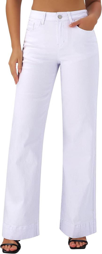 roswear Women's Wide Leg Jeans Casual High Waisted Stretchy Baggy Loose Long Trouser Jeans (Medium, White)