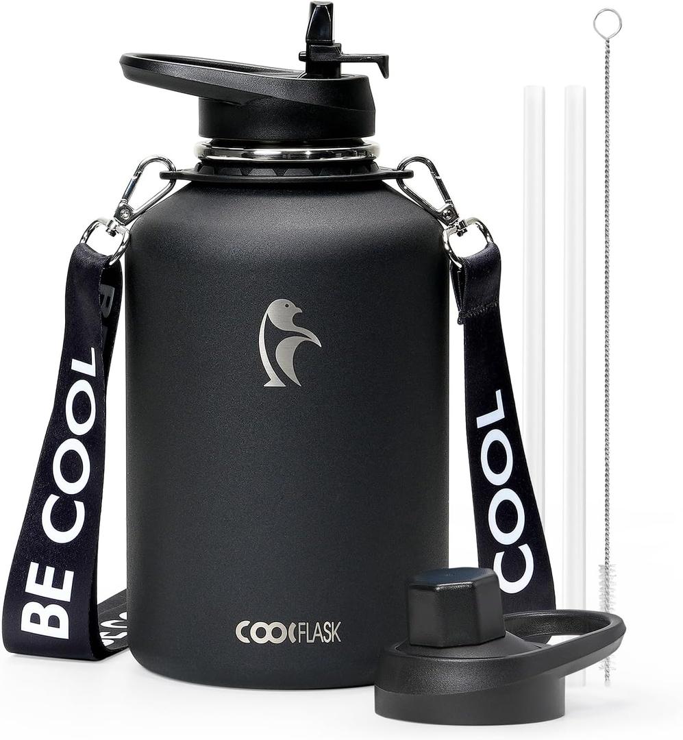 Coolflask 64oz Insulated Water Bottle with Strap, Half Gallon Large Water Jug with Straw & Spout Lids, Double Wall Stainless Steel Metal Flask, Keep Cold 48h Hot 24h, Leak Proof&Non-BPA, Magic Black