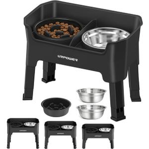 URPOWER 3-in-1 Elevated Dog Bowls - Mess Proof Double Deck 4 Height Adjustable Raised Stand with 2 Stainless Steel Food Bowls & Licking Plate for Small, Medium Dogs (Jet Black)