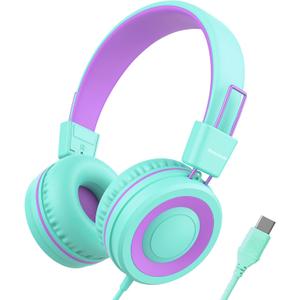 Upgrade USB Type C Kids Headphone for School, 94dB Safe Volume Limited, HD Stereo Sound, Foldable Lightweight On-Ear Headphones for Boys/Girls/Students/Tablet/Travel(Mint Green)