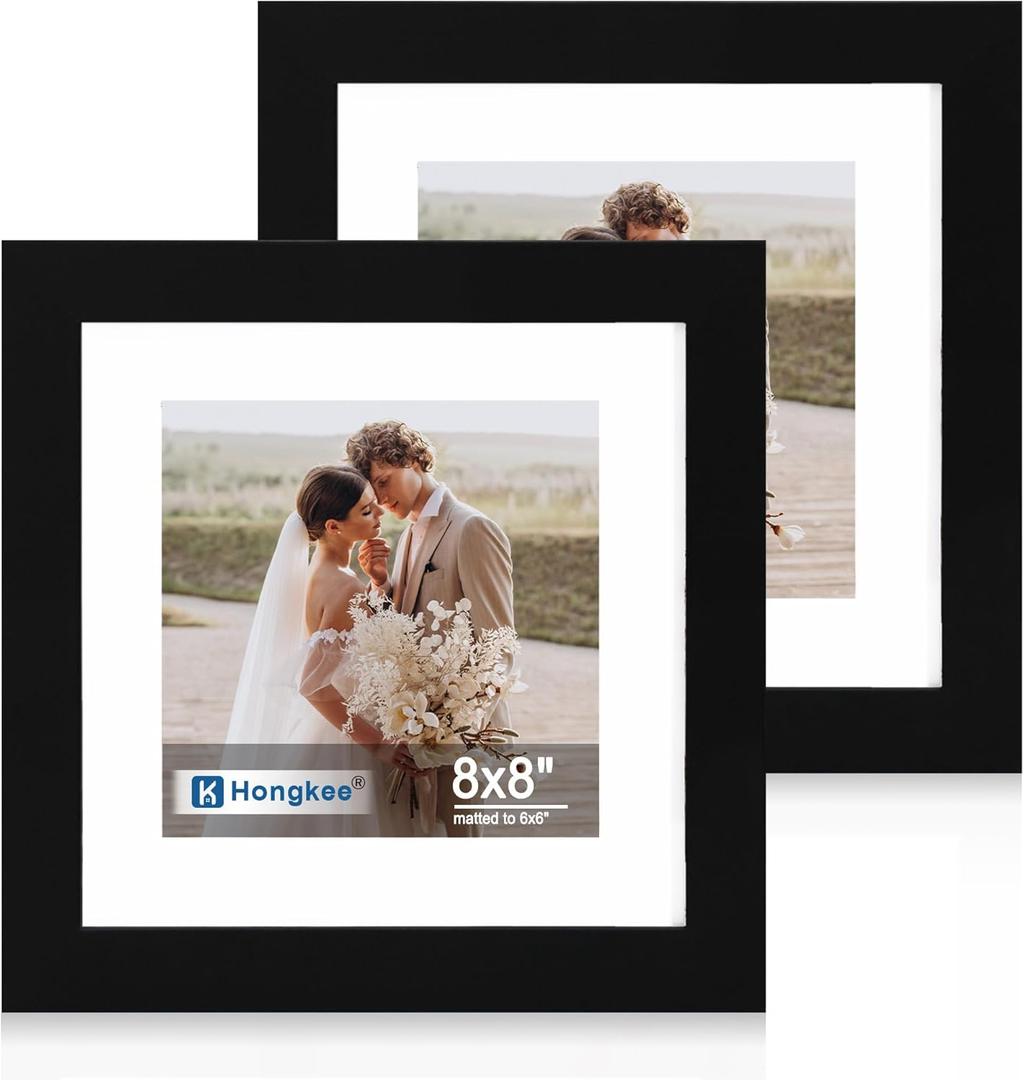 Hongkee 8x8 Picture Frame Set of 2, Made of Real Glass and Black Wooden Frame - Display Square 6x6 with Mat or 8x8 Without Mat, 8 by 8 Photo for Wall or Tabletop