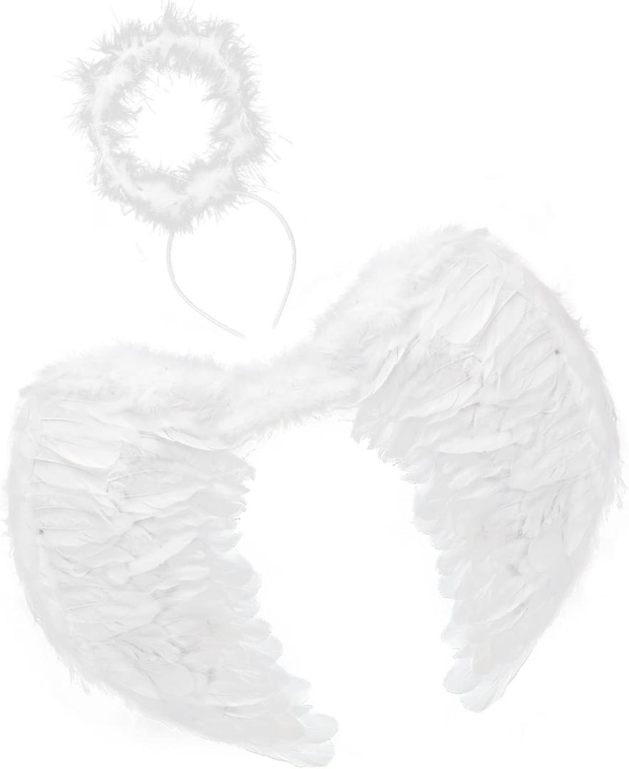 Angel Wings and Halo Headband For Kids Costumes, Feather Dress up Fancy Cosplay Party For Girls Women Adults (Large 23.6" X 13.8", White)