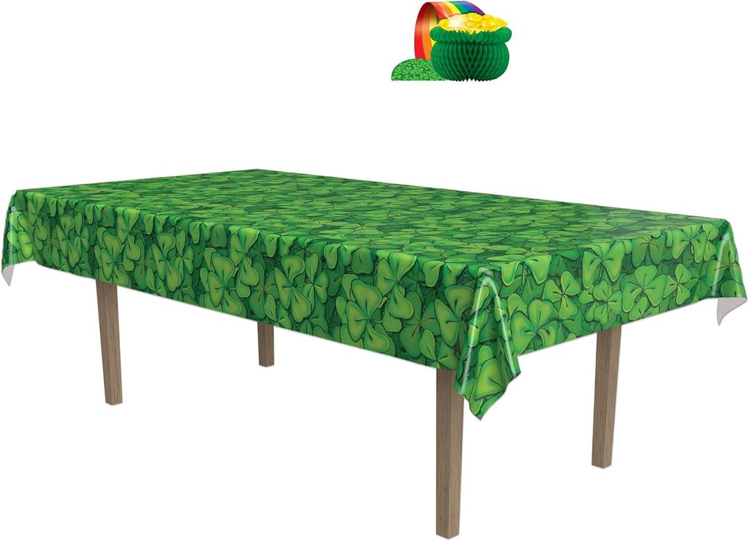Beistle St. Patricks Day Decoration Bundle Shamrock Tablecover and Pot O Gold with Rainbow Centerpiece, Irish Party Supplies for Festive Tables, Green Themed Events, and Holiday Celebrations