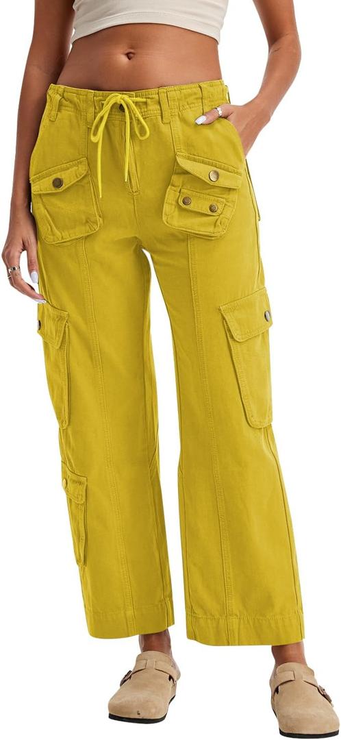 Cargo Pants for Women Low Rise Drawstring Waist 7 Pockets Hiking Work Wide Leg Pants with Zipper Button Closure (Small)