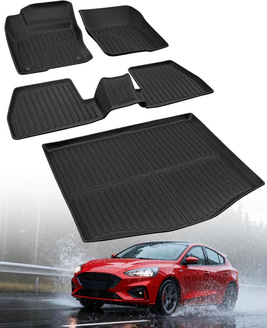 DiffCar Floor Mats for Ford Focus 2012 2013 2014 2015 2016 2017 2018, All Weather TPE Car Accessories for Focus S SE SEL Titanium (Not Fit Hatchback/Electric) Rubber Car Floor Mats for Ford Sedan