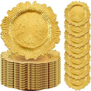 Rtteri 50 Pcs 13 Inch Charger Plates Bulk, Plastic Charger Plates with Floral Reef Design, Round Ruffled Rim Decorative Dinner Tableware for Wedding, Party, Event Table Decor(Gold)