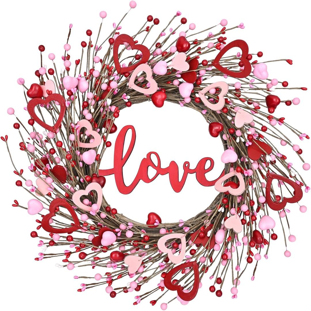 Waipfaru 20in Valentines Wreaths for Front Door, Valentine Wreath with Love Sign, Wreath with Red Wooden Heart Berries, Valentines Day Decorations