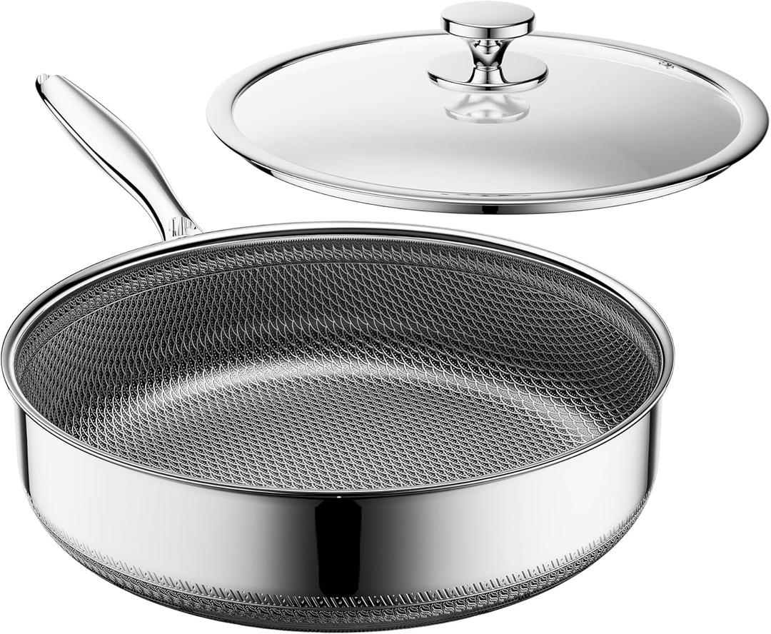 Frying Pans Nonstick with Lid,Hybrid Nonstick 4-Quart Deep Saut Pan, Stay-Cool Handle,PFAS PFOA PTFE Free,10 Inch Deep Frying Pan Dishwasher-Friendly, Oven-Safe, Compatible with All Cooktops