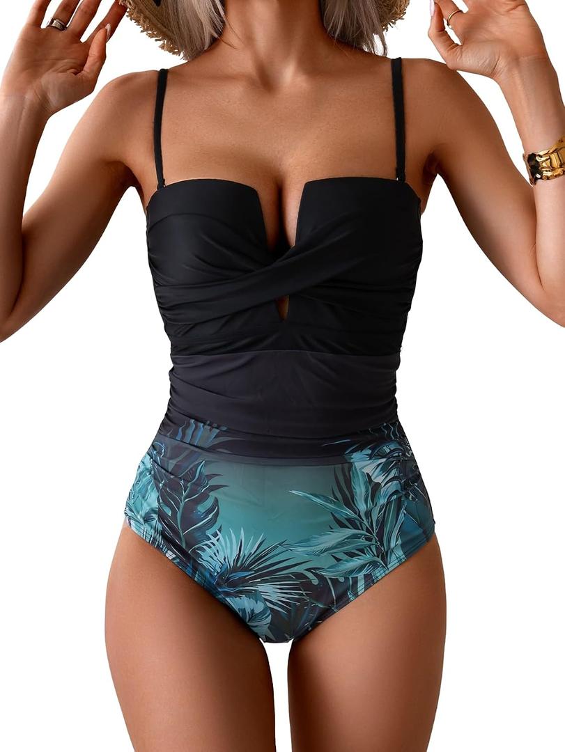 Eomenie Women's Push Up Wrap Front Swimsuit One Piece Tummy Control Bathing Suits Bandeau Support Slimming Swimwear Small
