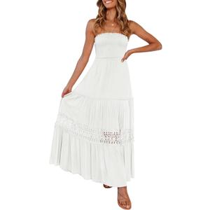 ZESICA Women's 2025 Summer Bohemian Strapless Off Shoulder Lace Trim Backless Flowy A Line Beach Long Maxi Dress (White) XXL