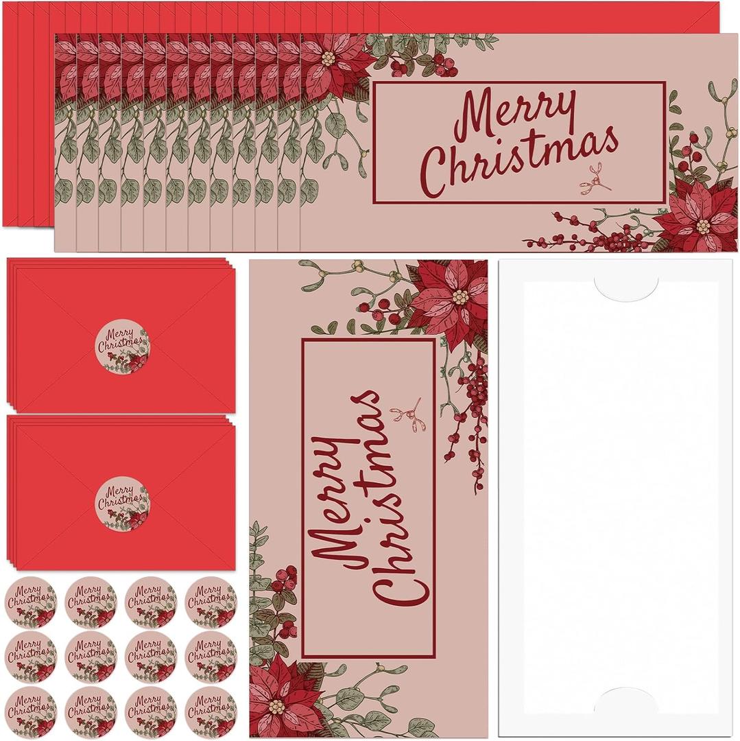 20 Set Christmas Money Holders for Cash Gift Cards Poinsettia Xmas Money Holder Merry Christmas cash Gift Holder with Envelopes Sticker for Holiday(Festive)