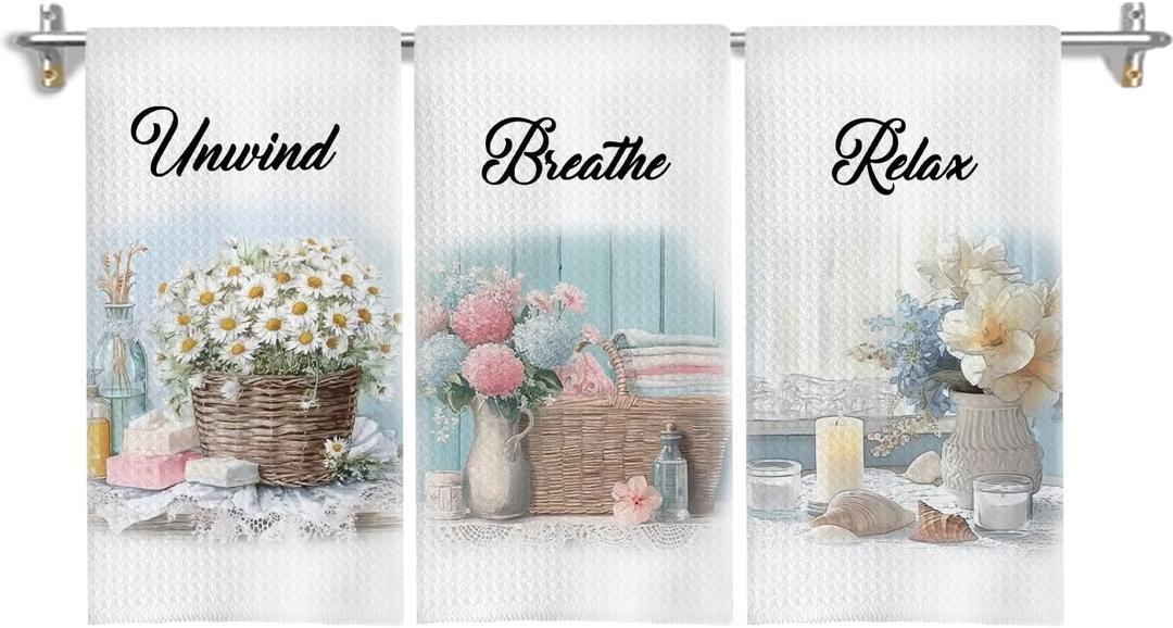 Farmhouse Floral Bathroom Hand Towels, Daisy Hydrangea Flower Relax Breathe Unwind Decorative Hand Towels for Bathroom Gym Spa Yoga Room Decor, 16x24 Inches Set of 3