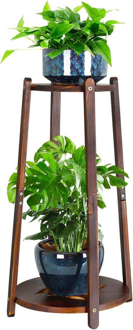 2 Tier Round Plants Stand Pedestal Indoor ,Wood Single Plant Shelf Corner,12 Inch Plant Pot Holder Rack ,Tall Flower Stands Shelves for Living Room Patio Balcony Outdoor,Rustic,Walnut