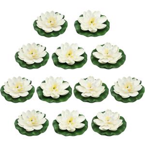 12pcs Floating Foam Lotus Flowers with Lily Pads, Artificial Pond Plants Ornaments for Pool Aquarium Water Decoration, White
