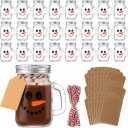 Mimorou 24 Pack 4oz Christmas Mini Mason Jars Snowman Mini Mason Jar Mugs with Handle Drinking Glasses Cups with Lids Wooden Spoons, Kraft Tags for Christmas Party Favors, Gifts, DIY Treats