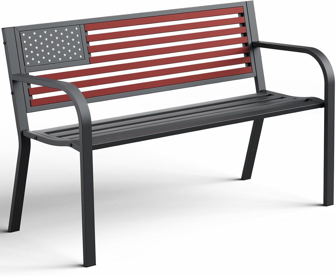 Outdoor Bench, Sturdy Metal Garden Bench with Classic Stars and Stripes Design Metal Backrest, 2-Person Patio Bench for Outside Seating, Cast Iron Steel Porch Yard Lawn Furniture, Red