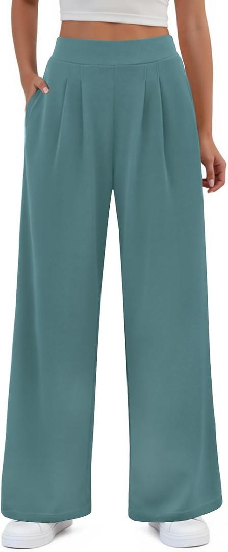 FireSwan Women's Wide Leg Pants Elastic High Waist Casual Palazzo Pants Trousers with Pockets (X-Large, A-lake Blue)