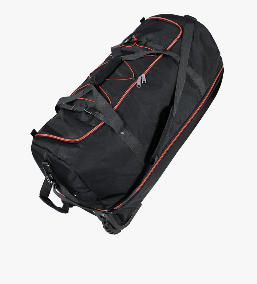 110L Expandable to 140L 32” Foldable Oxford Soft-Sided Rolling Duffle Bag with 2 Heavy-Duty Wheels,3 Large Compartments,Adjustable Shoulder Strap and Attached Organizer Pouch,Black Red