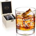 LIGHTEN LIFE Grandpa Juice Whiskey Glass 12 oz, Unique Gift in Valued Wooden Box, Funny Ideas for New Grandpa, Birthday from Grandson, Granddaughter