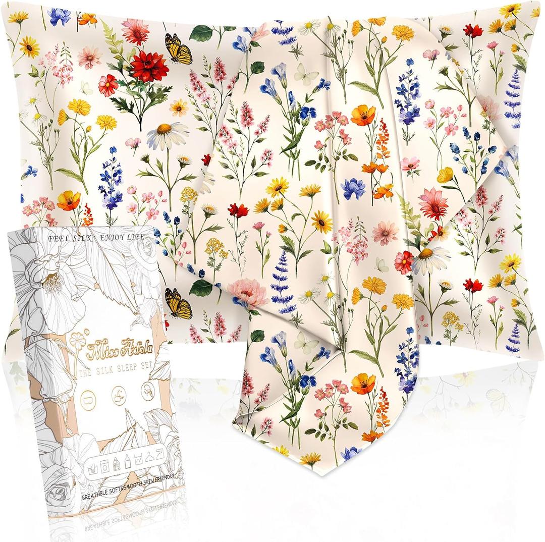 2 Pack Mulberry Silk Pillowcase for Hair and Skin - Standard Size 26 x 20 Inches with Hidden Zipper 19 Momme Beige Flower Soft Sleeping Silk Pillow Case for Women, Moms