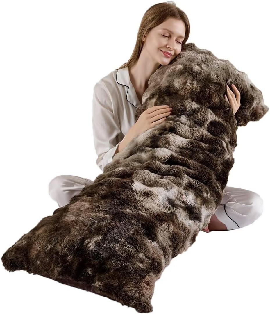 Luxury Shaggy Faux Fur Body Pillow,Fluffy Bed Pillow with Zipper Closure,Soft Decorative Plush Full Long Pillows,Fuzzy Hug Pillow for Living Room Side Sleeper & Pregnancy 9lb, 20"x54" Tie-dye Coffee