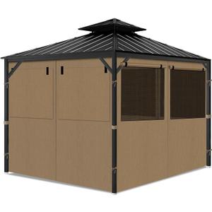 Gazebo Privacy Curtains 10' x 10' with Mosquito Windows, 4-Panels Side Wall with Zipper Universal Replacement for Patio, Outdoor Canopy, Garden and Backyard, Khaki (Curtain Only)