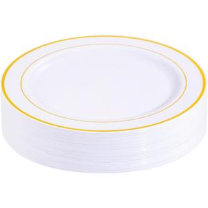 bUCLA 30PCS White and Gold Plastic Dinner Plates Disposable - 10.25inch Premium White Gold Rim Plates, Ideal for Wedding, Party & Thanksgiving