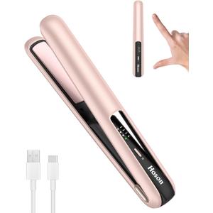 Hoson Cordless Hair Straightener,Portable Mini Flat Iron Travel for Short Hair,USB-C Rechargeable Wireless Hair Straightener and Curler 2 in 1 (Pink),for Touch Ups