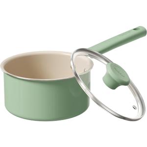 Redchef Ceramic Nonstick Saucepan with Lid, 1.5QT Small Cooking Pot, Non Toxic Sauce Pans for Kitchen, Cool Handle PFAS Free Compatible with All Cooktops, Green