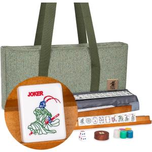 Yellow Mountain Imports American Mahjong Set “Celestial Harmony” Intricately Detailed Carved Tiles, Green Soft Case, Wooden Racks with Pushers, Dice, Wind Indicator & Wright Patterson Scoring Coins