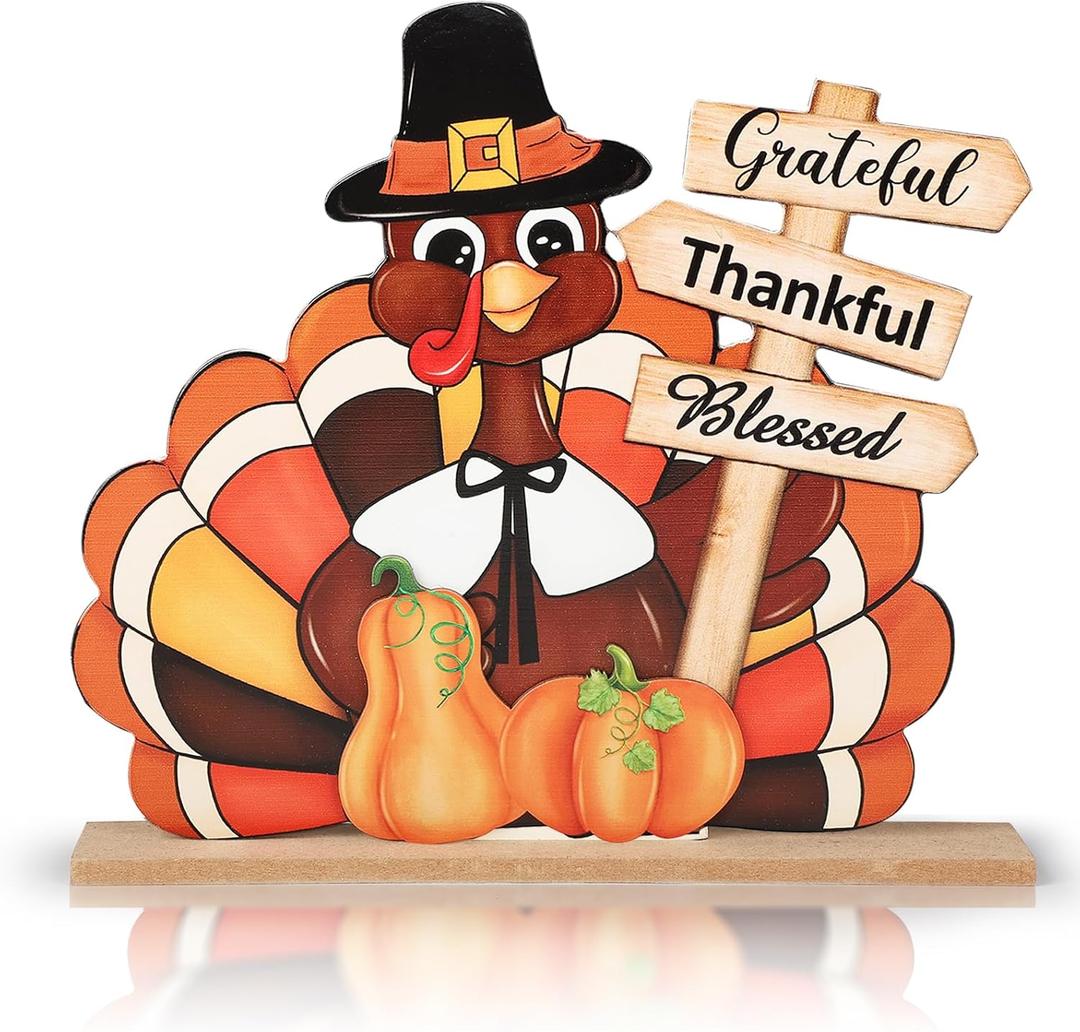 Thanksgiving Decorations Wooden Turkey Pumpkin Table Sign, 10.9 x 11 inches, Modern, Colorful, Tabletop, Wood (Large)