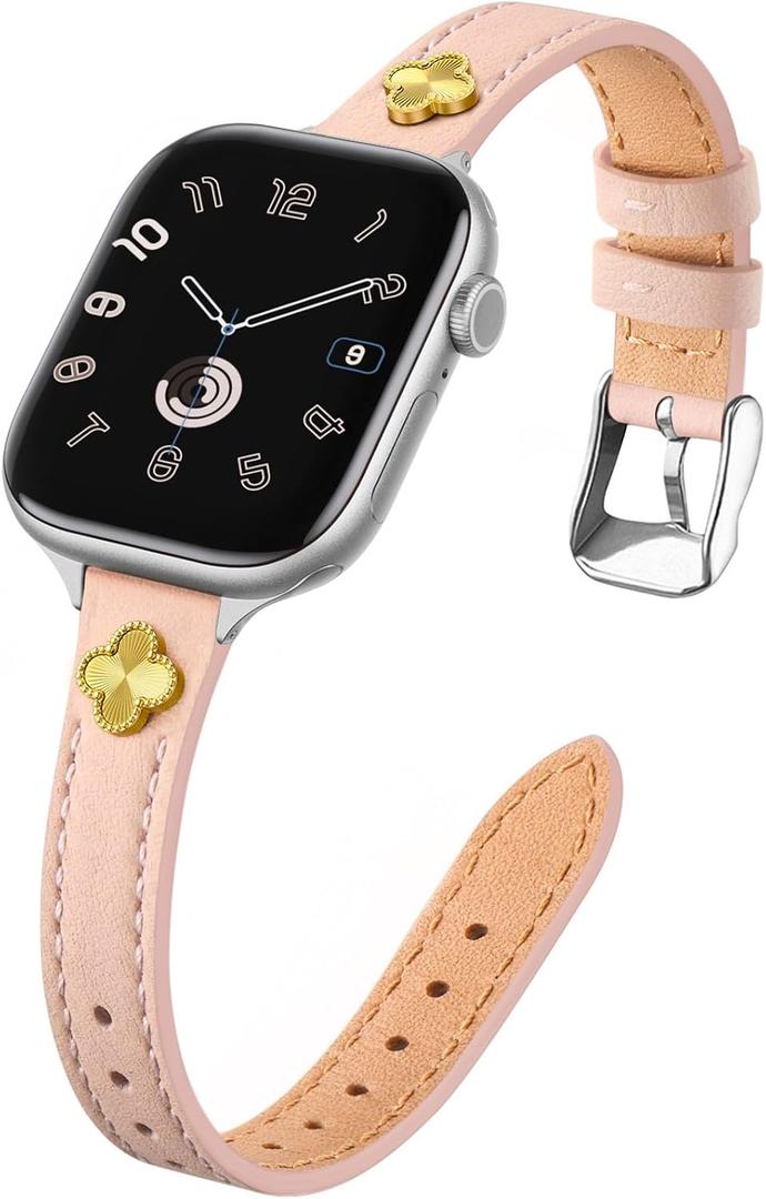STROLL Thin Leather Band Compatible with Apple Watch Bands 42mm(Series 11 10) 41mm 40mm 38mm Women, Stylish Genuine Leather Strap with Charms, Slim Wristband Design for iWatch SE Series 9 8 7 6 5 4 3 2 1, Pink Sand/Silver
