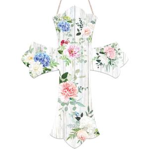 Easter Door Sign Wreath with Religious Cross - Floral Farmhouse Hanging Decor for Front Porch, Outdoor Christian Wooden Welcome Sign, Spring Wall Art Home Decoration