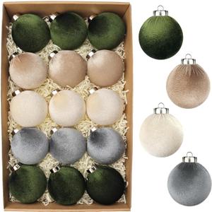 3.15 Inch Velvet Ball Ornaments for Christmas Tree 15 PCS, Large Neutral Flocked Christmas Bulb Ornaments Set - Earth Tone Decorative Hanging Baubles, Shatterproof Xmas Decor for Holiday (Multicolor)