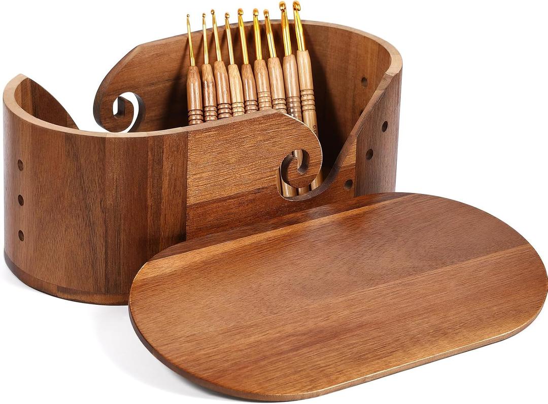 DoubleFill Oval Wooden Yarn Bowls for Knitting, Acacia Crochet Yarn Holder with 9pcs Hooks and Lid Crochet Knitting Storage Bowl for Knitters Gift Craft, 11.2" x 6.1"x 4.8"(Classic,Light Brown)