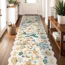 3x12 Washable Scalloped Floral Rug: Non Slip Long Hallway Runner Rug for Entryway Kitchen Floor - Ultra-Thin Soft Low Pile Stain Resistant Carpet for Cottage Core Decor (3X12 Beige-Cream)