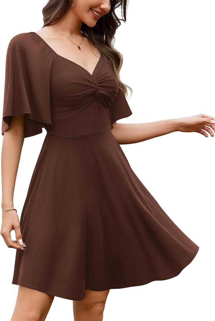 Amoretu Women's Summer Sweetheart Neckline Sexy Dress Ruffle Half Sleeve Flowy A-Line Low Cut Mini Dresses (Brown, L)