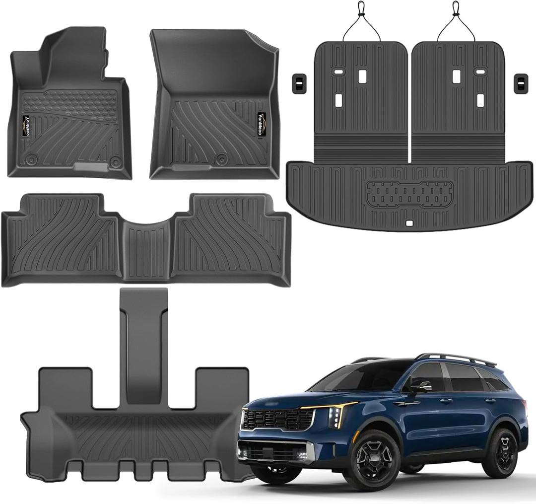 Floor Mats Custom Fit for Kia Sorento 2021-2025 2026 6&7 Seats (Not for Hybrid) Trunk Mat with Backrest Mat All Weather TPE Rubber Cargo Liner Back Seat Protector Full Set for Sorento Accessories