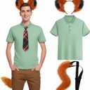 3 Pcs Men's Fox Cosplay Costume Set Includes Green Shirt Fur Fox Tail and Ears Headband for Summer Halloween Outfit (L)