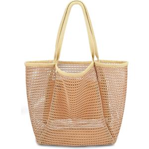 Iioscre Beach Bag for Women, Causal Hobo Pool Bags with Zipper Inner Pocket, Foldable Swim Tote Bag for Vacation Essentials (Mesh-khaki-new)