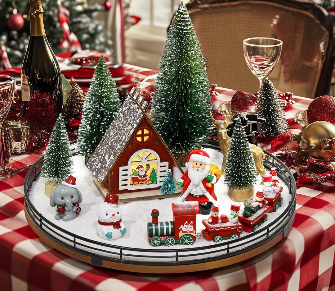 AMH 12 PCS Christmas Table Decorations Set with Oak Rotating Base  Xmas Town Village Centerpiece with Santa, Train, House, Trees & Figurines, Tabletop Decorations for Holiday Dining & Coffee Tables