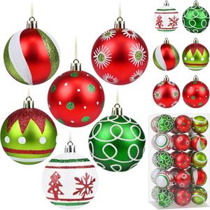 30PCS Christmas Ball Ornaments, 2.36 Inch Glittering Red Green Christmas Tree Ornaments Set, Elf Balls Swirl Candy Cane and Peppermint Hanging Ornament for Home Holiday Decor